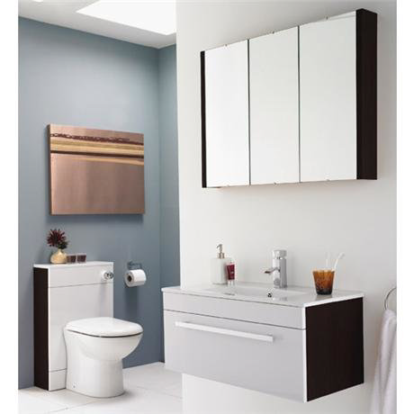 1000mm White & Ebony Brown Wall Mounted Basin Unit with BTW WC Unit and Mirror Cabinet