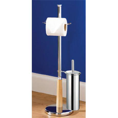 Natural Wood and Chrome Toilet Roll and Brush Holder
