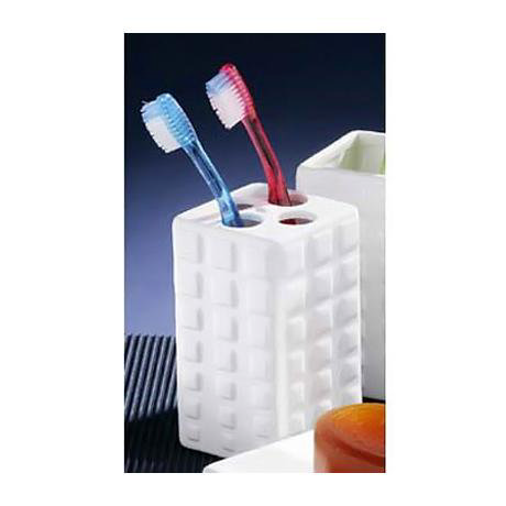 Square White Ceramic Toothbrush Holder w/Risen Square Design