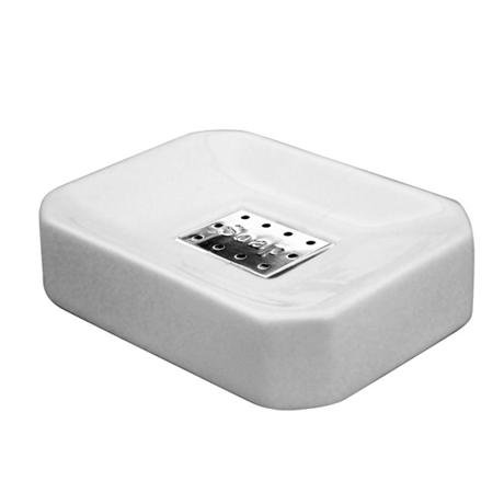 White Ceramic Square  Soap Dish w/ Stainless Steel Nameplate - 1601213