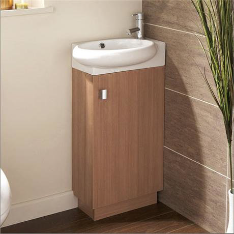 Best price for HIB Evoke Cloakroom Floor Standing Unit Basin Medium Oak -1380020-9110