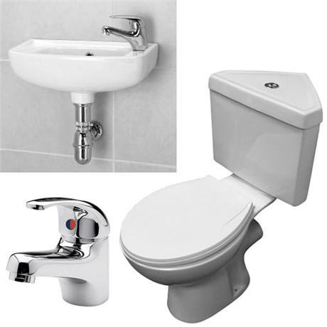 Paris 1TH Corner Cloakroom Suite with Basin Tap & Chrome Bottle Trap