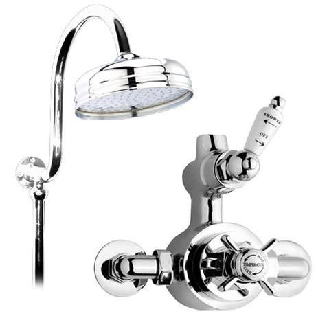 Traditional Twin Exposed Thermostatic Shower Valve with Swan Neck Rigid Riser Kit