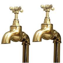 Original Polished Brass Large Kitchen Bib Taps on Stand Pipes
