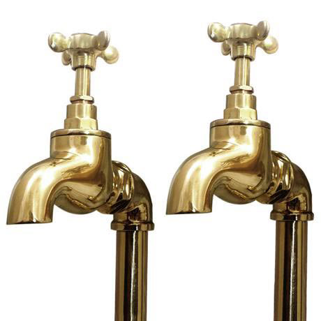 Original Polished Brass Large Kitchen Bib Taps on Stand Pipes