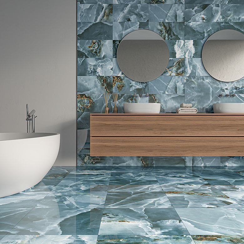 onyx blue jewel tone marble effect bathroom tiles