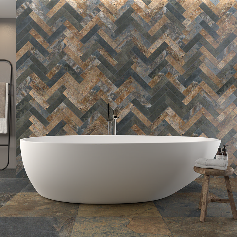 bold and colourful natural stone tiles in bathroom