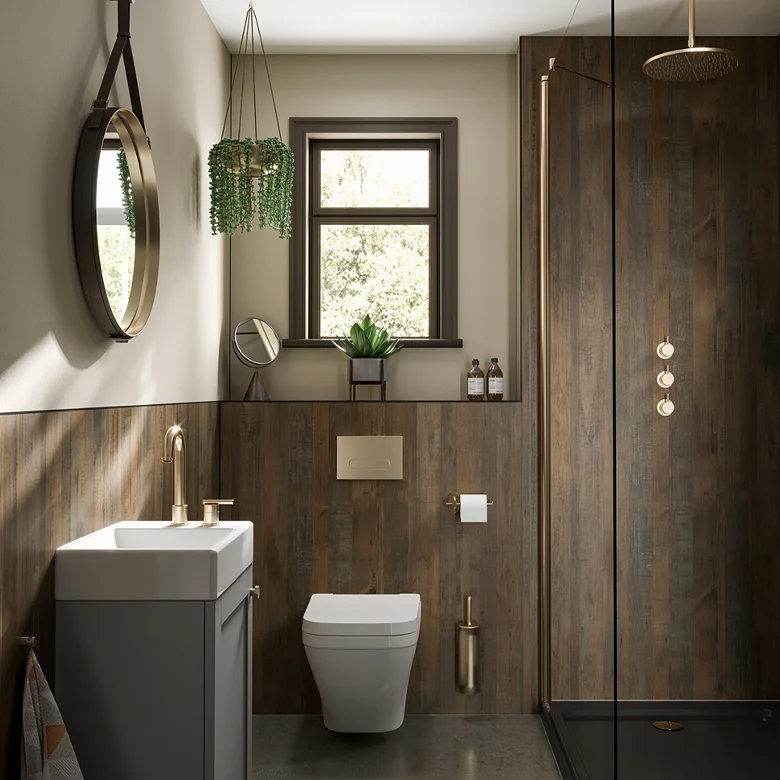modern waterproof wood effect wall panels in bathroom