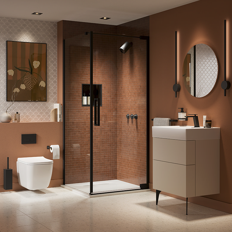 orange colour drenched modern bathroom