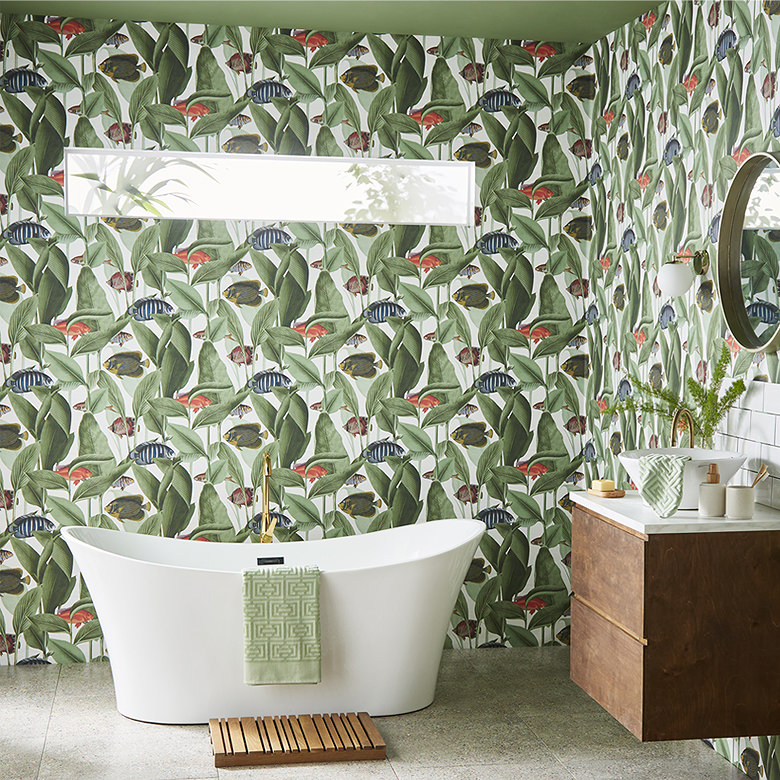 maximalist modern bathroom with waterproof wallpaper and bath