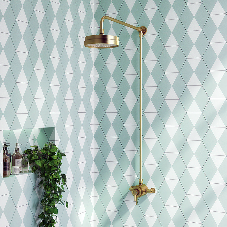light blue patterned hexagon tiles in modern bathroom