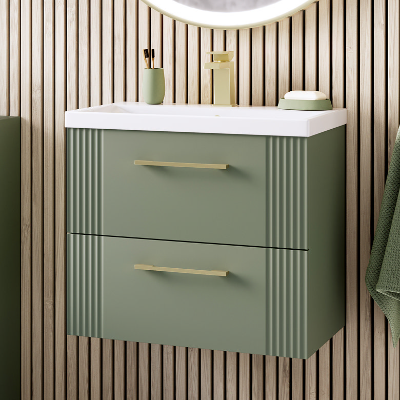fluted sage green vanity unit in modern bathroom