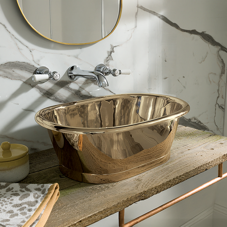 brass basin, chrome tap, mixed metal bathroom design
