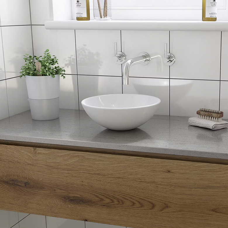 small white countertop basin in modern bathroom