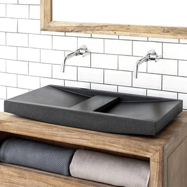 large black terrazzo twin countertop basin with taps