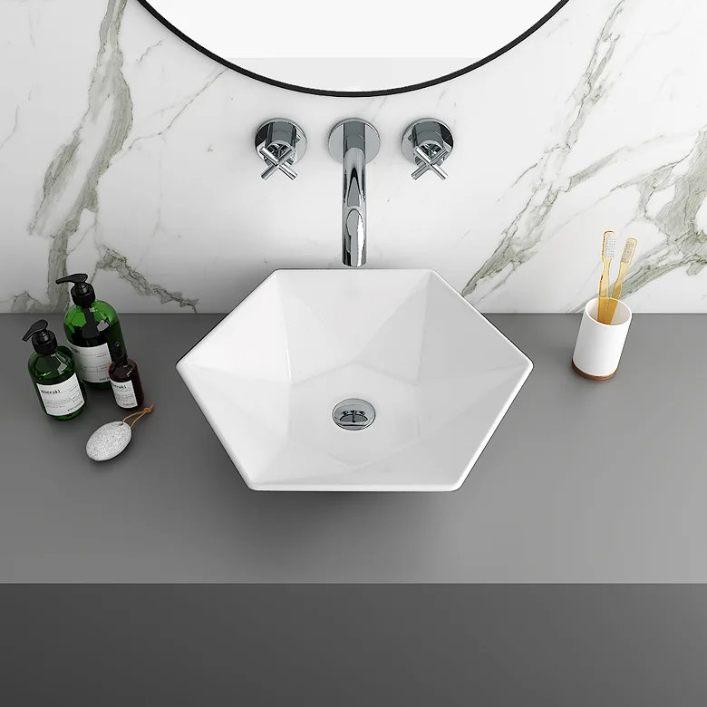 modern hexagonal countertop basin in with chrome tap