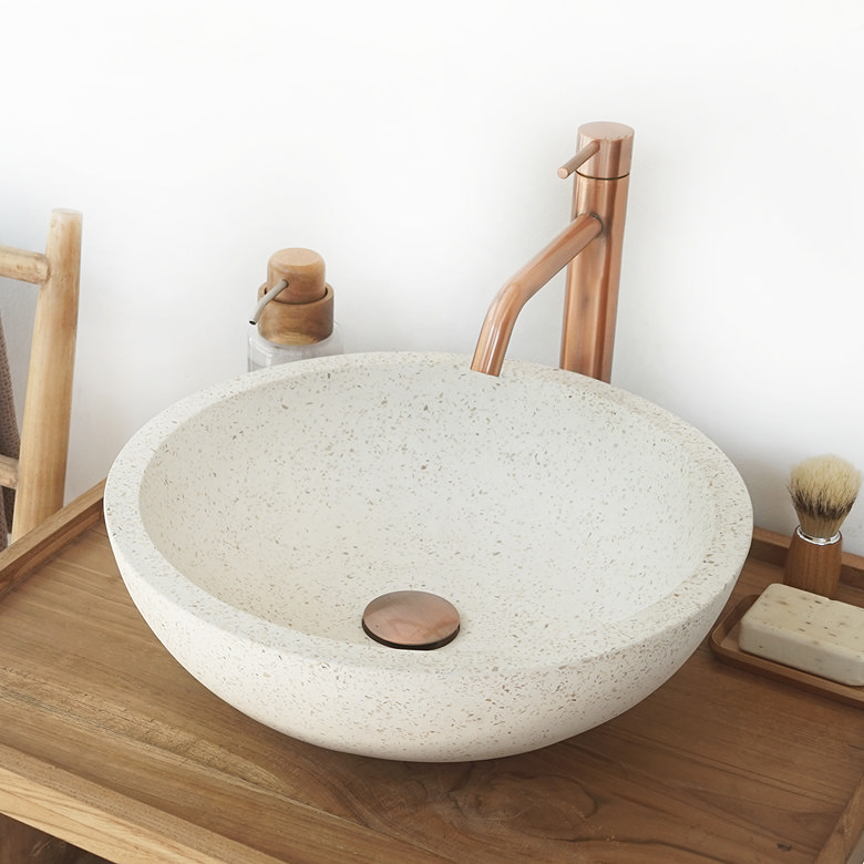 round stone white terrazzo effect countertop basin