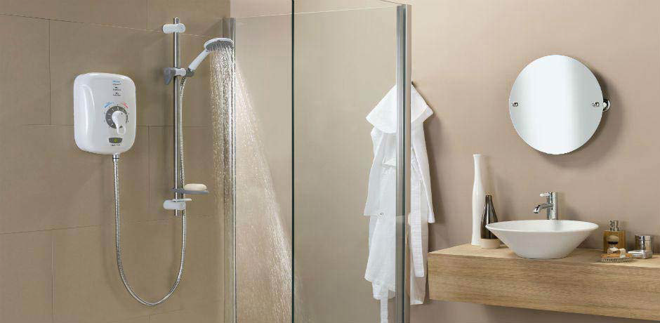 beige bathroom with white Triton shower