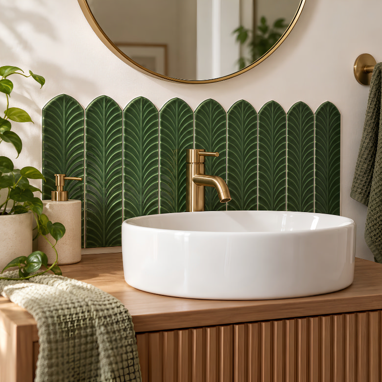 Glossy green leaf-shaped bathroom tiles used as a half-height splashback behind a countertop basin and brushed brass tap