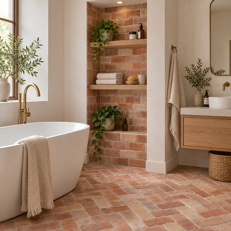 Terracotta brick-effect tiles used across a herringbone bathroom floor and inside an alcove with built-in wooden shelves
