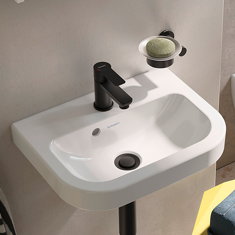 white minimalistic sink, matt black tap