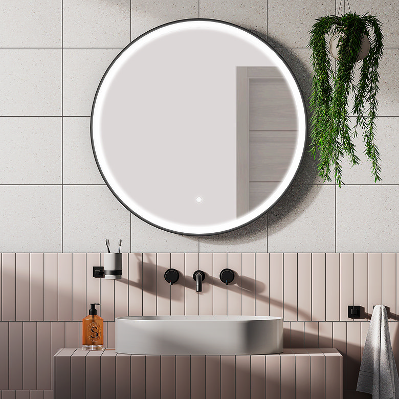 matt black framed modern LED illuminated bathroom mirror