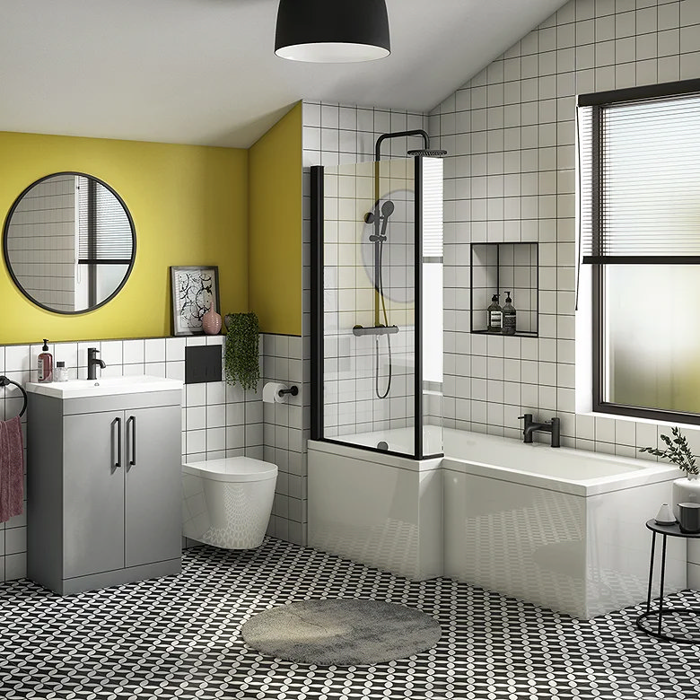 Contemporary L-Shaped Bath Suite with Grey Vanity Unit