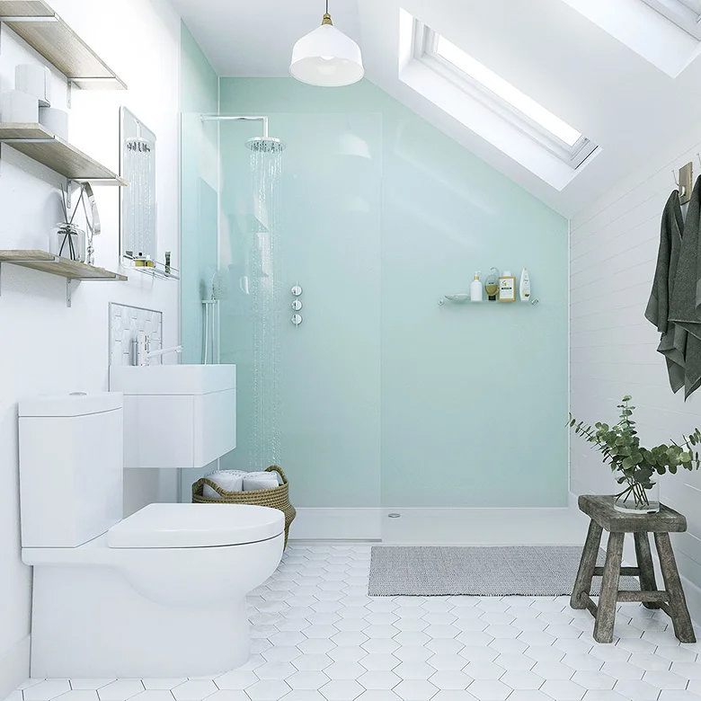 ice blue shower wall panel in uk bathroom