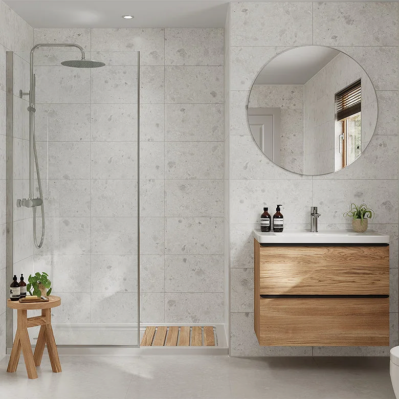 uk bathroom with terrazzo effect wall tiles