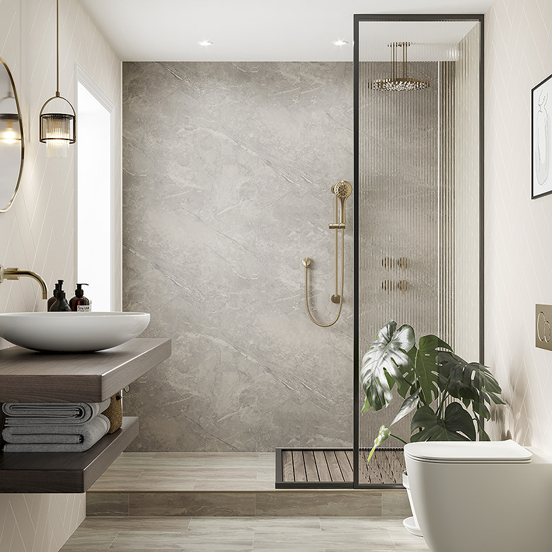 scandi style bathroom with walk in shower