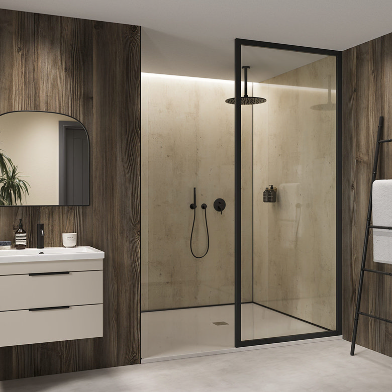 wood effect japandi style walk in shower