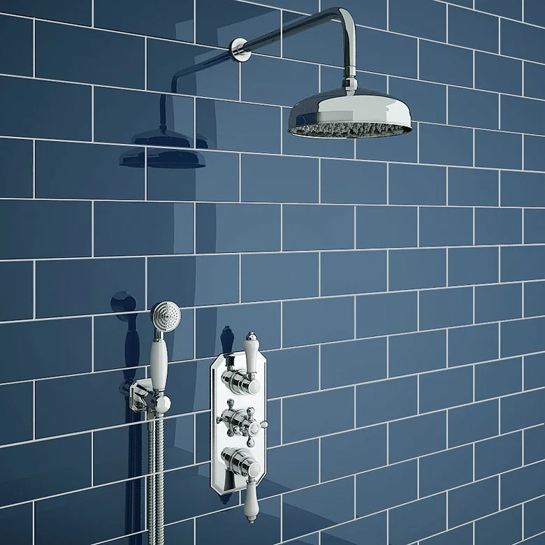 traditional walk in shower with glossy tiles