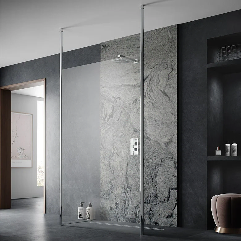 luxury dark marble walk in shower in bathroom