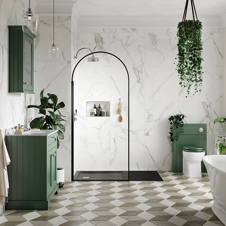 arched walk in shower in boho bathroom