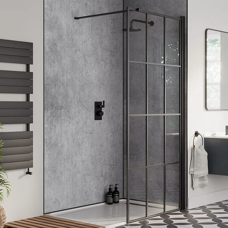 industrial style walk in shower in uk bathroom