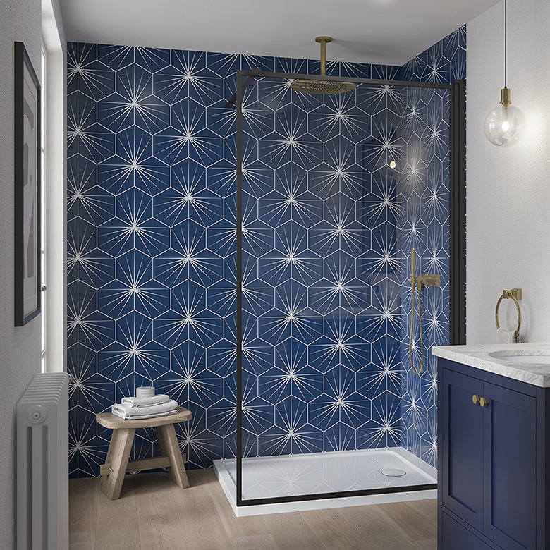 blue art deco walk in shower wall panels