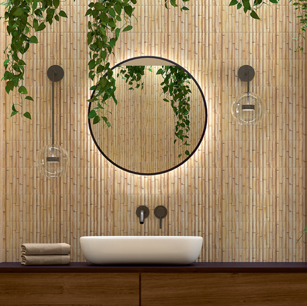 bamboo shoot effect tiles with black round mirror