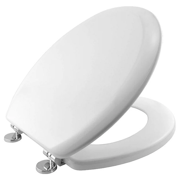 white toilet seat with chrome hinges