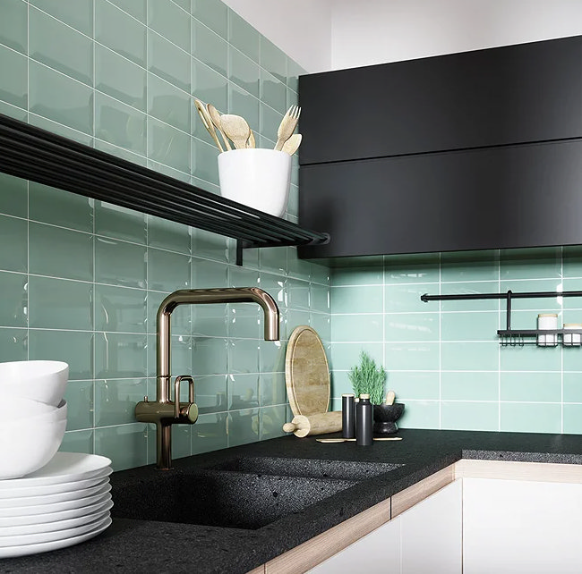 turquoise tiles black countertop kitchen
