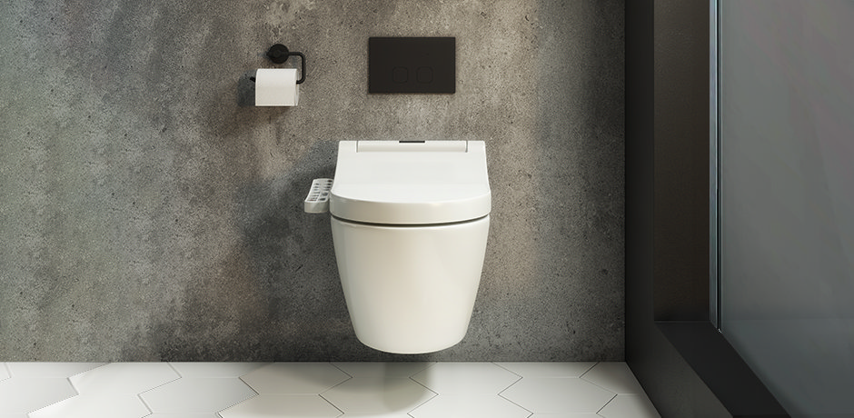 white toilet seat with grey wall panels