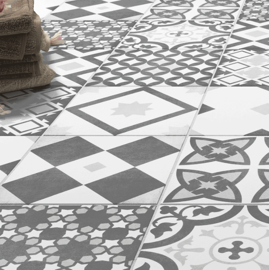 grey patterned wall and floor tiles