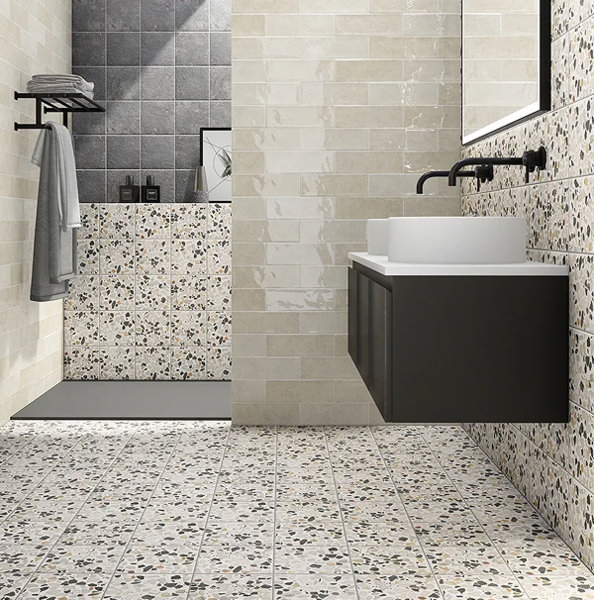 terrazzo tiles multicoloured black bathroom vanity