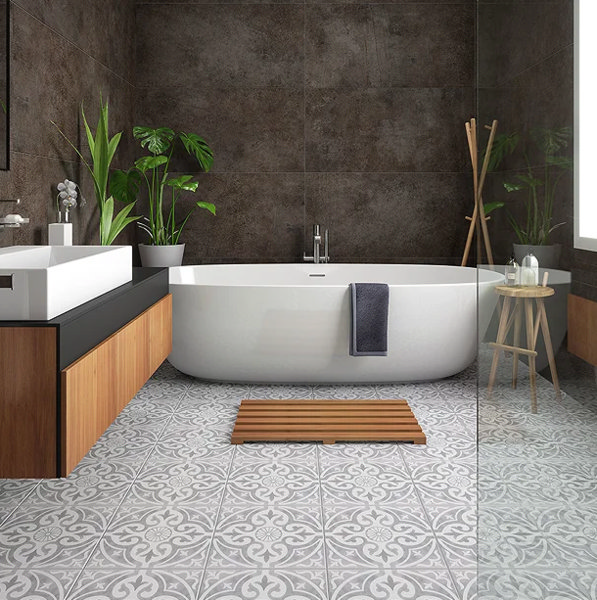 dark brown graphite tiles with white large bath and white pattern tiles