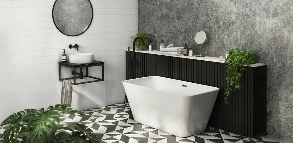 Black and white modern bathroom with plants