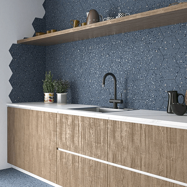 Terrazzo tiles as backsplash in kitchen 