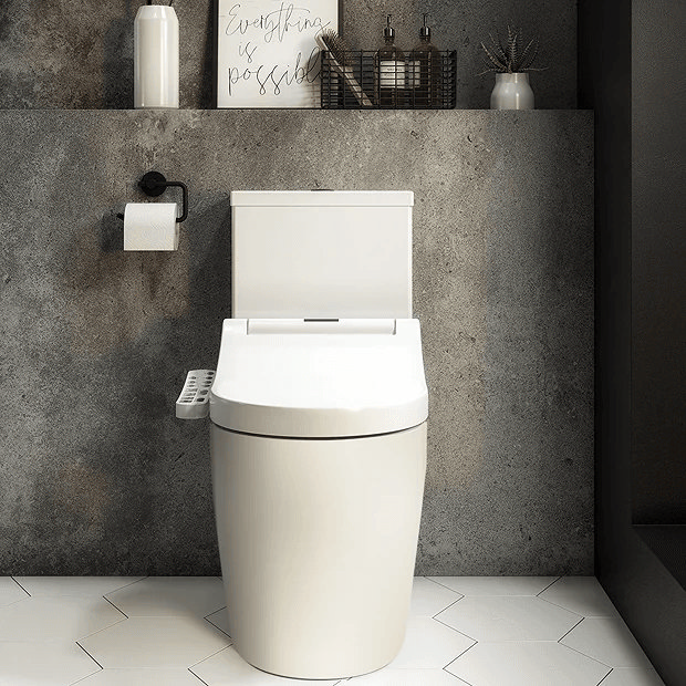 White Japanese toilet against grey wall