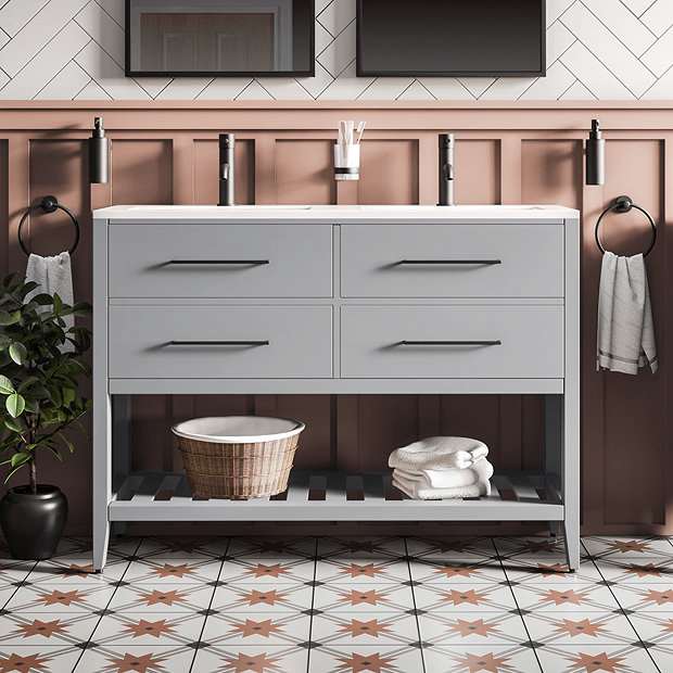 Grey double vanity unit with draws and shelf