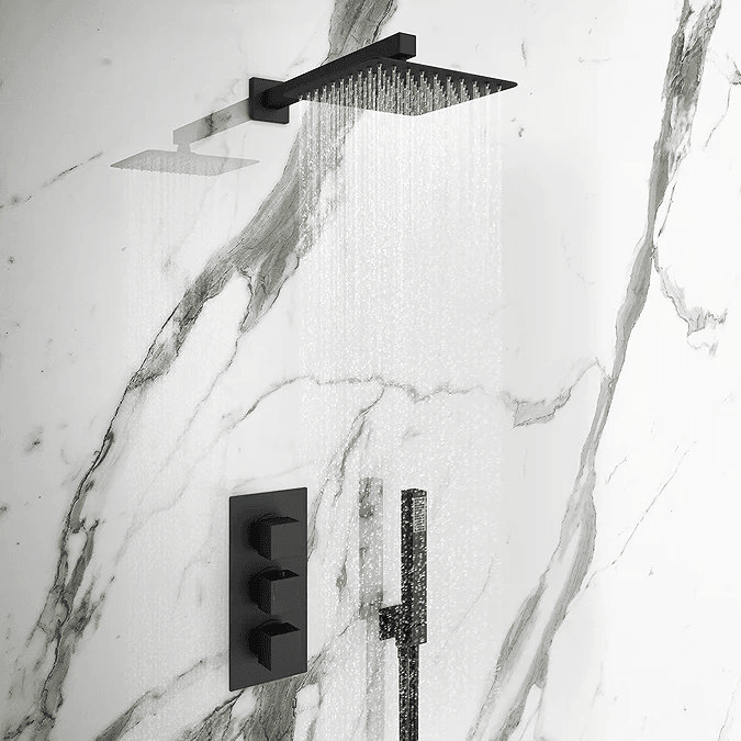 Concealed black shower on marble wall