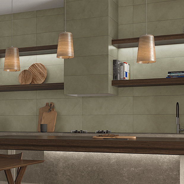 Olive green wall tiles in modern kitchen