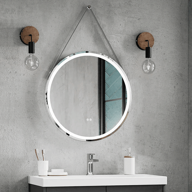Round hanging illuminated mirror with wall lights and vanity unit